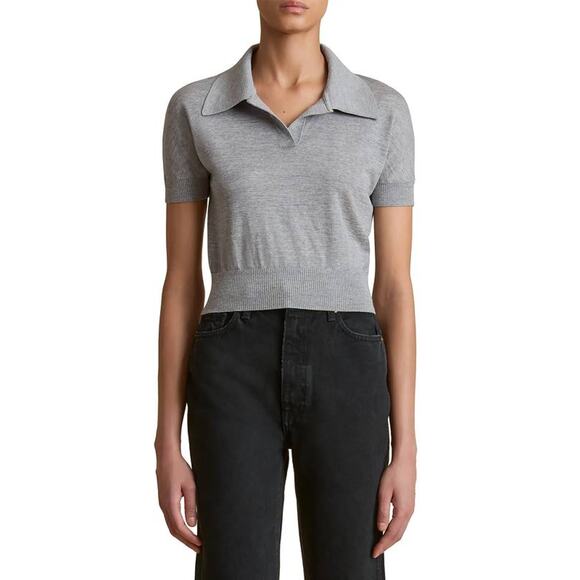 Khaite Morgane SS Collared Top in Mercury L - Picture 2 of 5